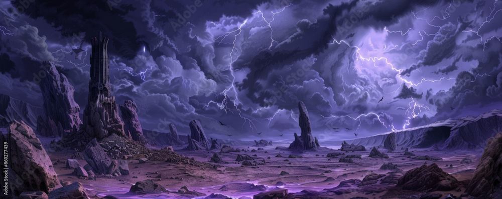 Fototapeta premium Dark Gothic fantasy background depicting a desolate wasteland with jagged rocks and skeletal remains. In the distance, a dark tower looms, surrounded by swirling storm clouds and flashes of lightning.