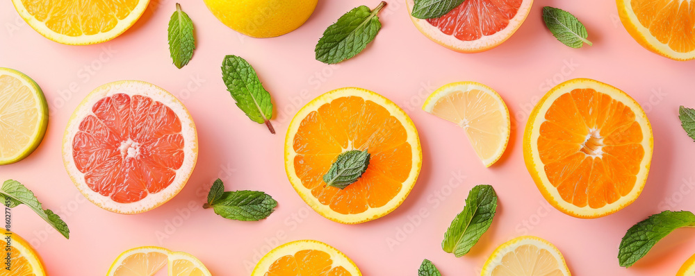 A zesty fruit background featuring sliced citrus fruits and mint leaves, laid out on a pastel pink surface, creating a fresh and lively atmosphere A zesty fruit background featuring sliced citrus fruits and mint leaves, laid out on a pastel pink surface, creating a fresh and lively atmosphere