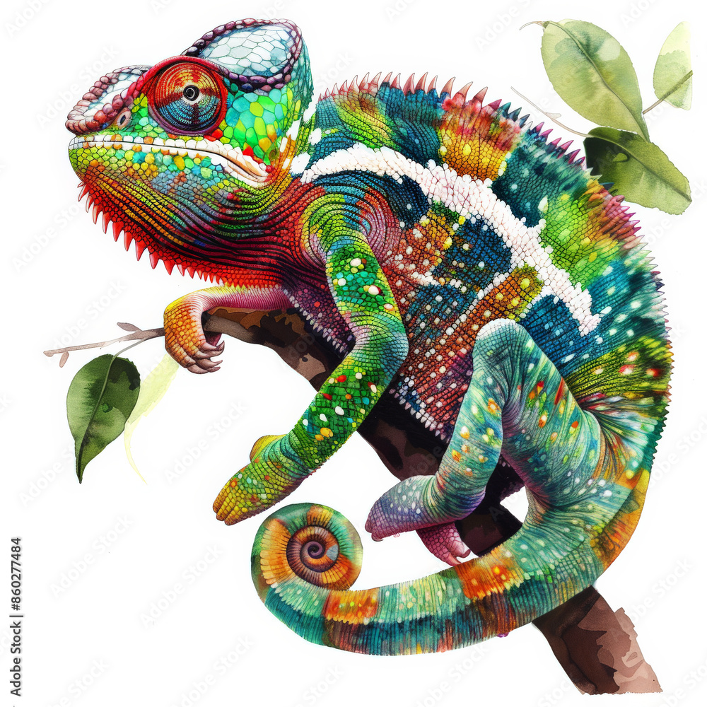 A vibrant chameleon blending with its surroundings, illustrated in detailed watercolor shades, beautifully isolated on a pristine white background A vibrant chameleon blending with its surroundings, illustrated in detailed watercolor shades, beautifully isolated on a pristine white background