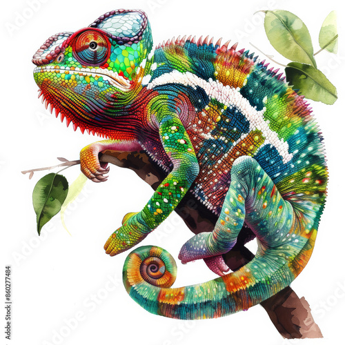 A vibrant chameleon blending with its surroundings, illustrated in detailed watercolor shades, beautifully isolated on a pristine white background