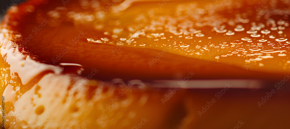 Close-up of fast food flan showcasing detailed textures of the creamy flan and rich caramel Close-up of fast food flan showcasing detailed textures of the creamy flan and rich caramel