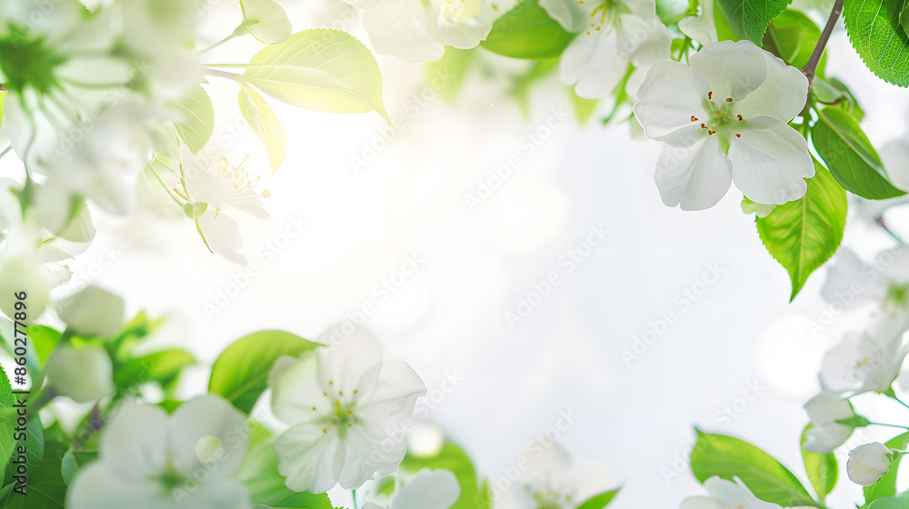 Spring blossom background abstract floral border of green leaves and white flowers : Generative AI Spring blossom background abstract floral border of green leaves and white flowers : Generative AI