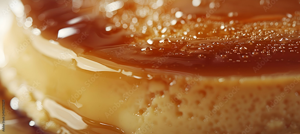 Close-up of fast food flan showcasing detailed textures of the creamy flan and rich caramel Close-up of fast food flan showcasing detailed textures of the creamy flan and rich caramel
