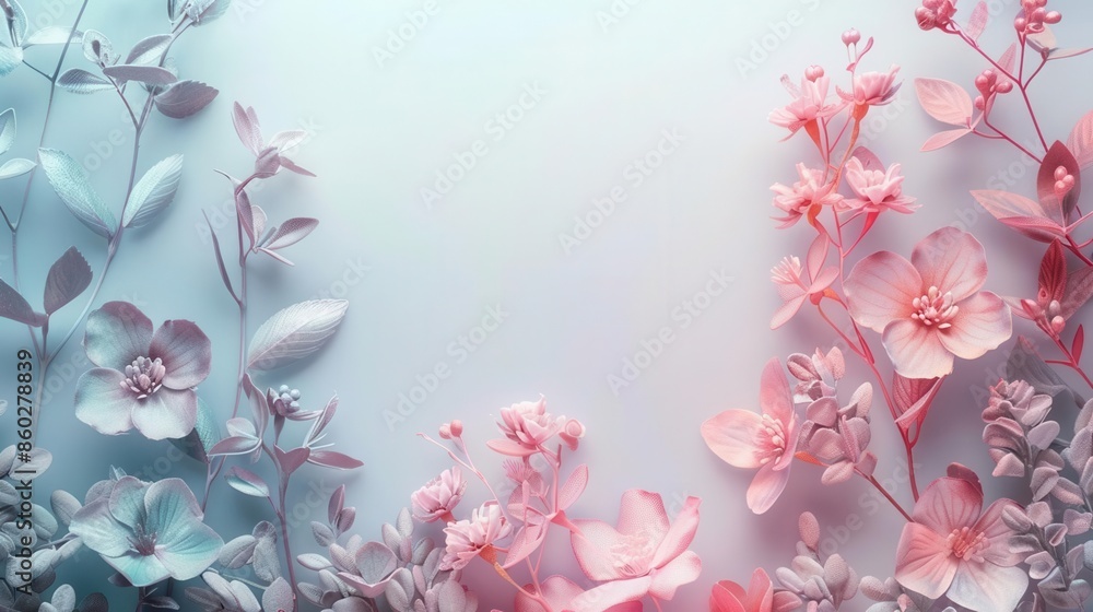 Delicate pink and blue flowers frame a blank background, creating a soft and romantic backdrop. Delicate pink and blue flowers frame a blank background, creating a soft and romantic backdrop.
