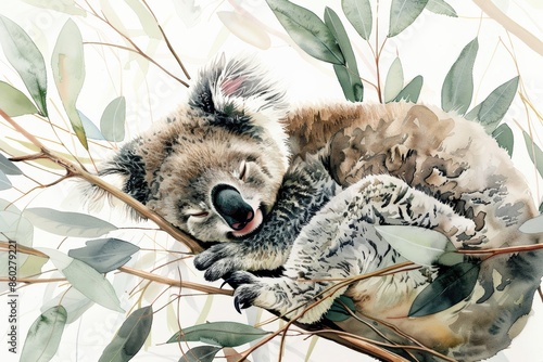 A peaceful koala sleeping on a eucalyptus tree branch, surrounded by leaves in a natural setting. photo