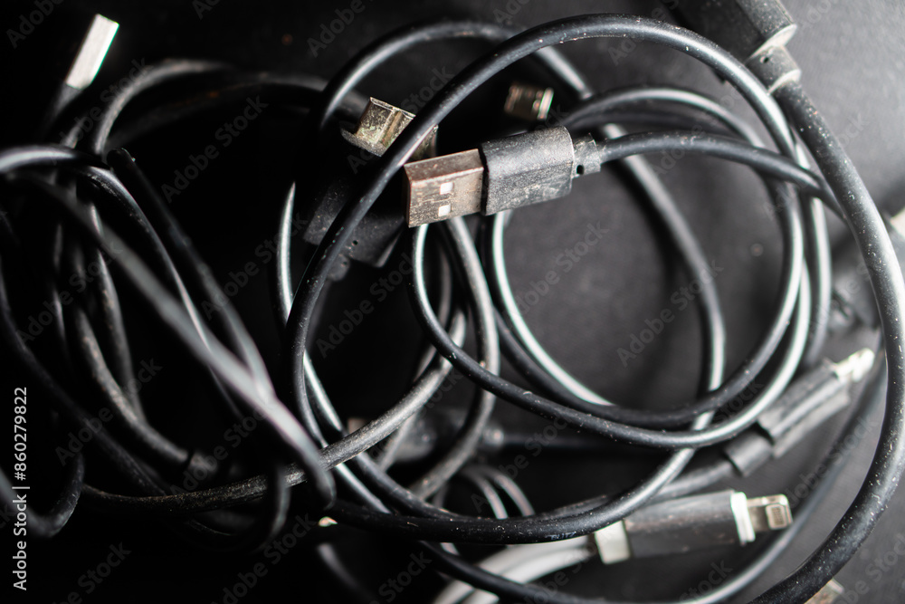 Hand holding tangled cables with US B connector Hand holding tangled cables with US B connector