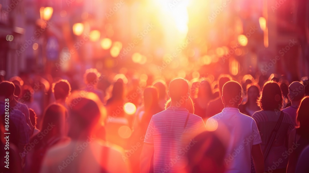 A group of people strolling along the sidewalk as the sun sets behind them A group of people strolling along the sidewalk as the sun sets behind them