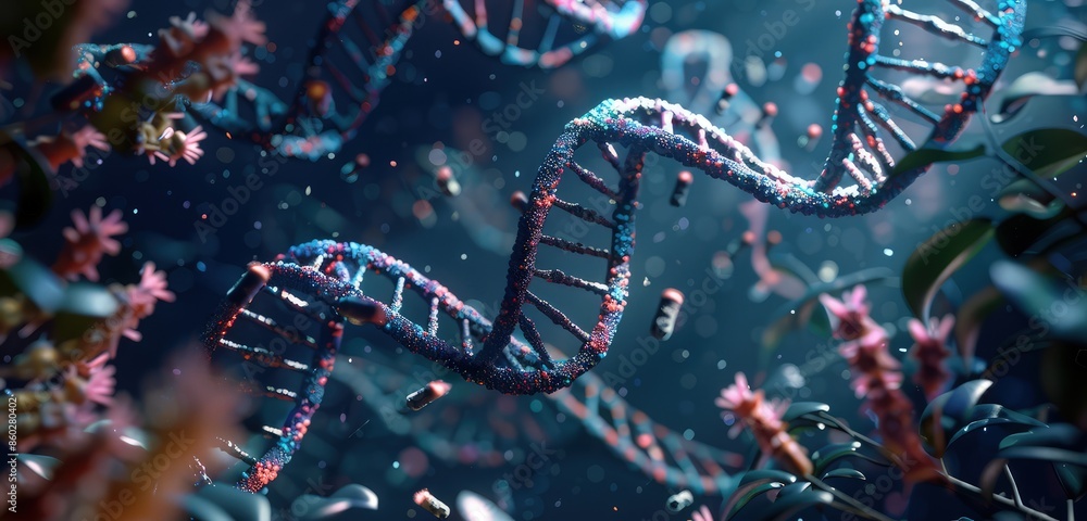 A realistic 3D rendered image of DNA strands, showcasing the detailed molecular structure and the helix's elegant twists, surrounded by biological elements. A realistic 3D rendered image of DNA strands, showcasing the detailed molecular structure and the helix's elegant twists, surrounded by biological elements.