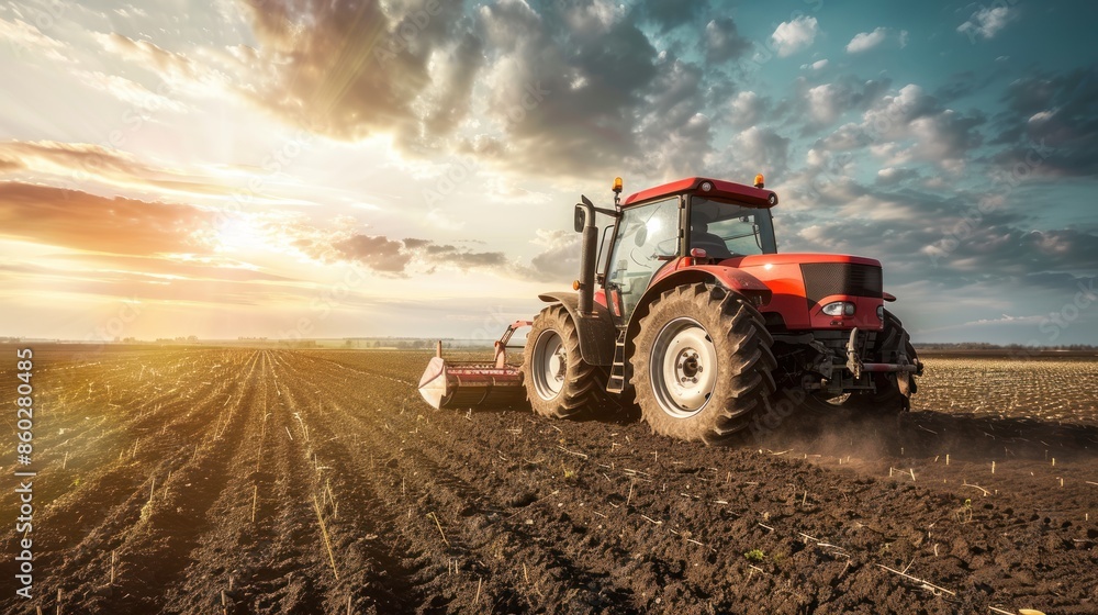 A red tractor is in a field with a beautiful sunset in the background A red tractor is in a field with a beautiful sunset in the background