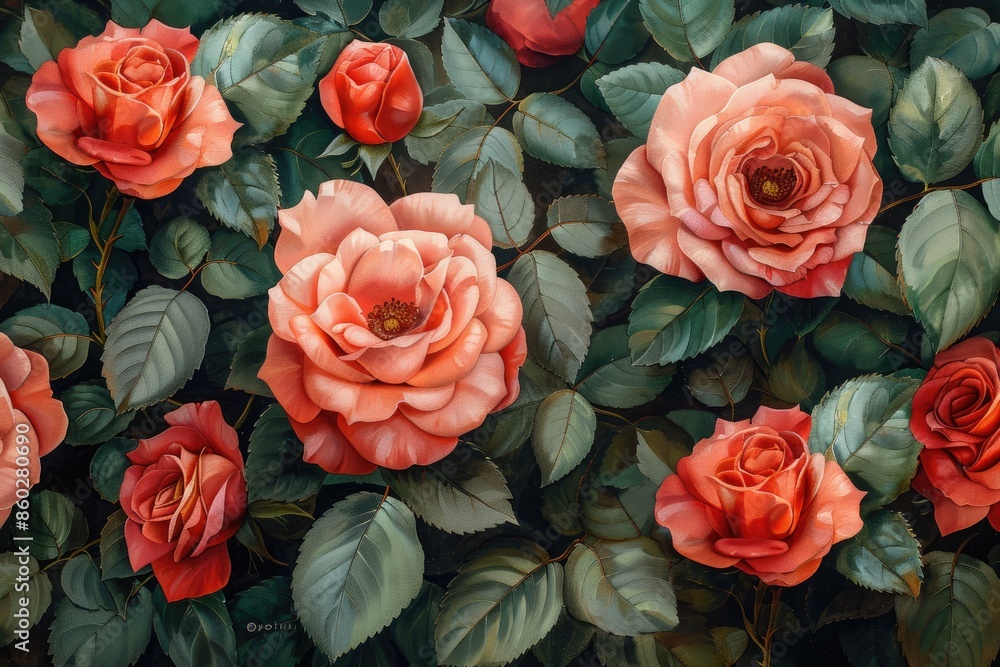 Seamless Pattern of Pink Roses and Green Leaves on a Flowers Background Seamless Pattern of Pink Roses and Green Leaves on a Flowers Background