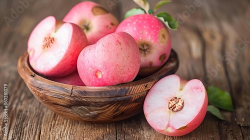 Pink Apples in a Wooden Bowl on Rustic Table