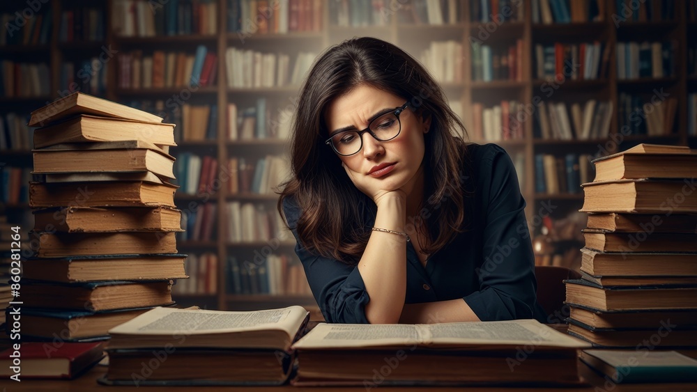 Stressed Woman Studying in Library Stressed Woman Studying in Library
