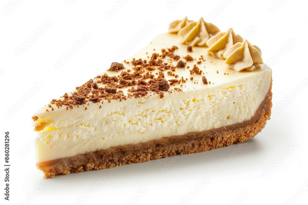 A piece of classic cheesecake on a white background. A piece of classic cheesecake on a white background.