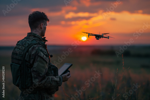 Soldier Operating Drone at Sunset With Tablet