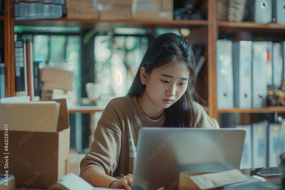 Young Woman Focused on Work at Home Office Desk Young Woman Focused on Work at Home Office Desk