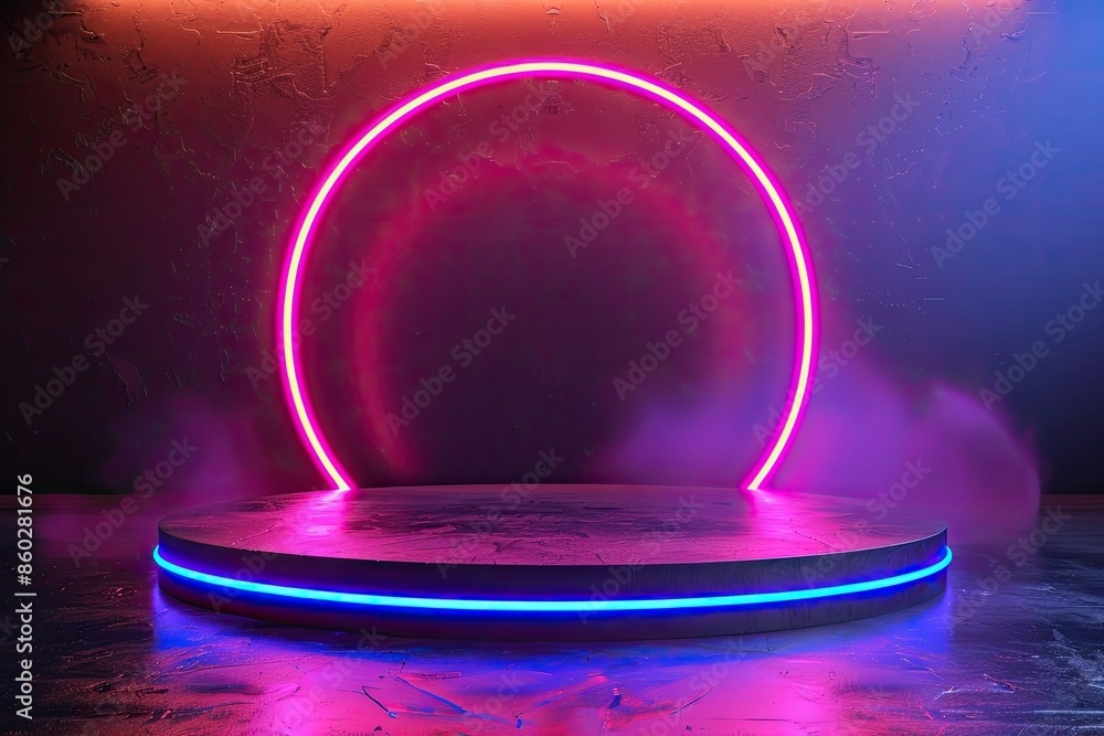 Illuminated Podium with Neon Circle Lights and Round Shape Platform Background Illuminated Podium with Neon Circle Lights and Round Shape Platform Background