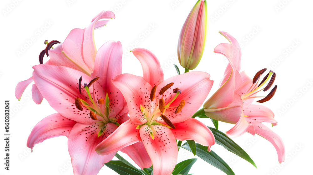 Fototapeta premium Pink lily flower bouquet isolated on white background for card and decoration : Generative AI