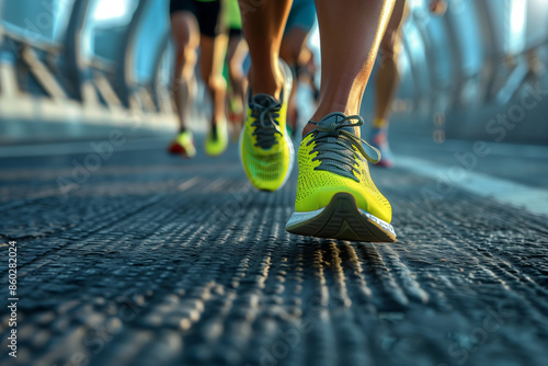 Runners Foot in Yellow and Blue Running Shoes on Asphalt Road