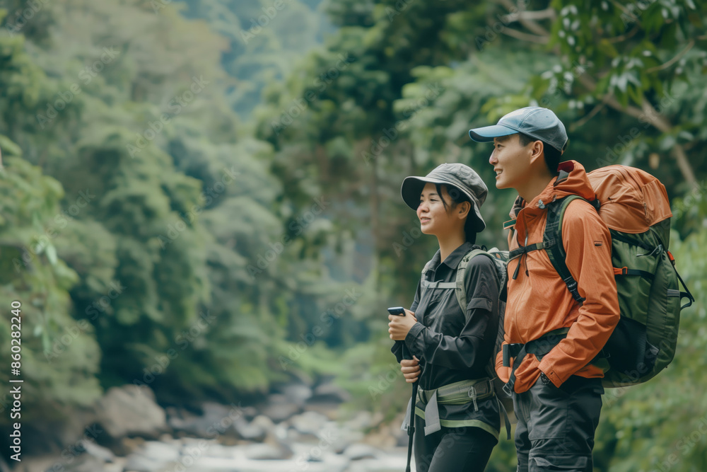 Young Couple Hiking Through Lush Green Mountains Near River On Cloudy Day Young Couple Hiking Through Lush Green Mountains Near River On Cloudy Day