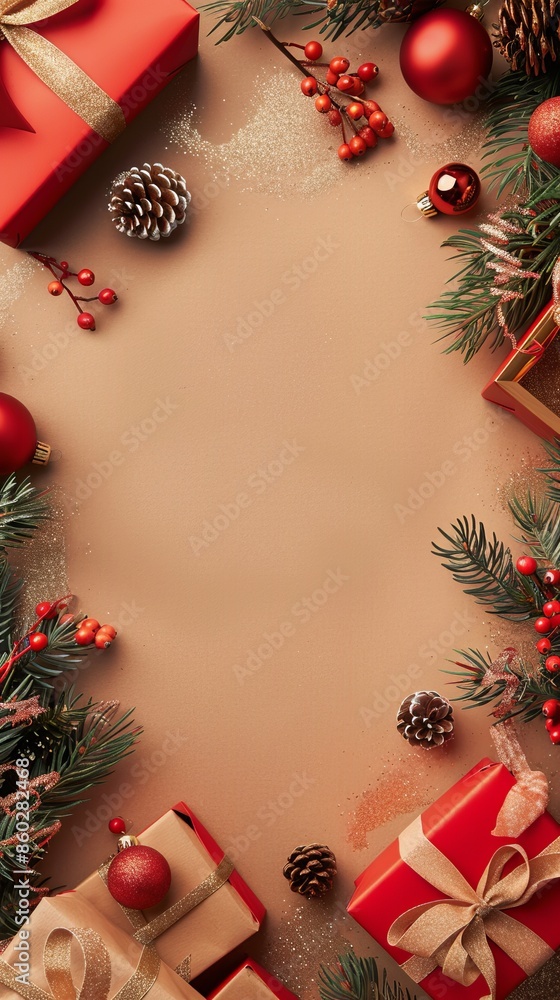 Christmas frame border with red gift boxes, fir branches, handmade Xmas decorations on champagne color background. Flat lay, top view, copy space. Christmas postcard template, banner mockup. Christmas frame border with red gift boxes, fir branches, handmade Xmas decorations on champagne color background. Flat lay, top view, copy space. Christmas postcard template, banner mockup.