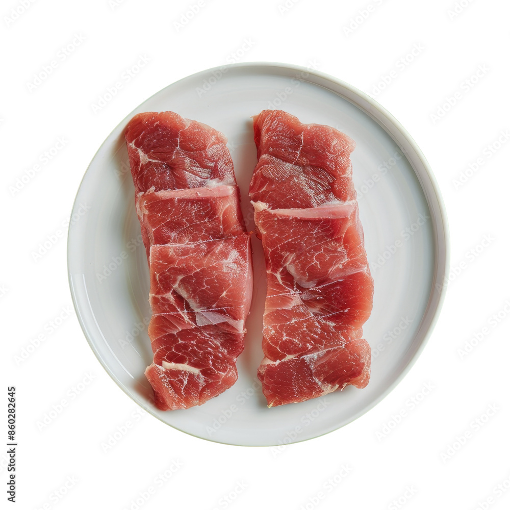 Two raw beef steaks on a white plate, transparent background. Fresh, ready to cook. Perfect for recipes and culinary projects. Two raw beef steaks on a white plate, transparent background. Fresh, ready to cook. Perfect for recipes and culinary projects.