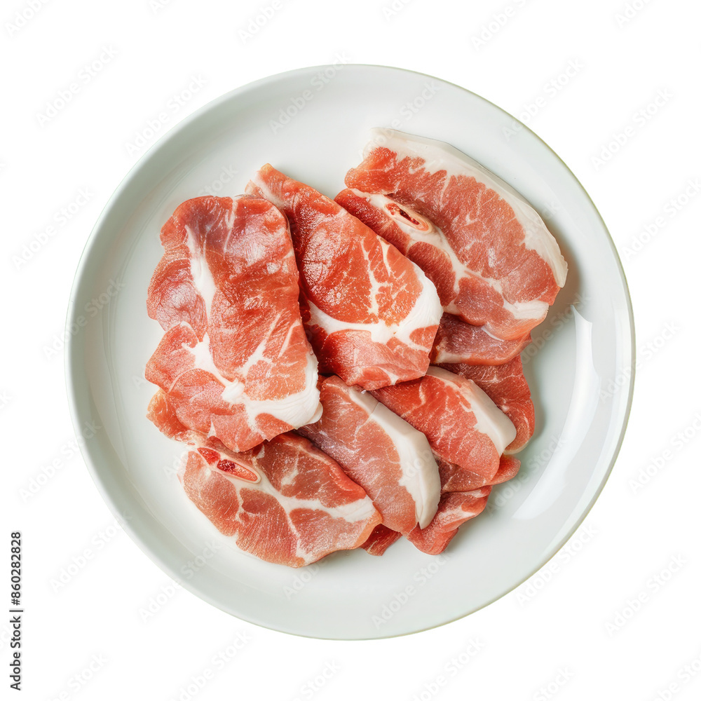 A plate of fresh raw pork slices, neatly arranged, ready for cooking or grilling. High-quality ingredient perfect for delicious dishes. transparent background A plate of fresh raw pork slices, neatly arranged, ready for cooking or grilling. High-quality ingredient perfect for delicious dishes. transparent background