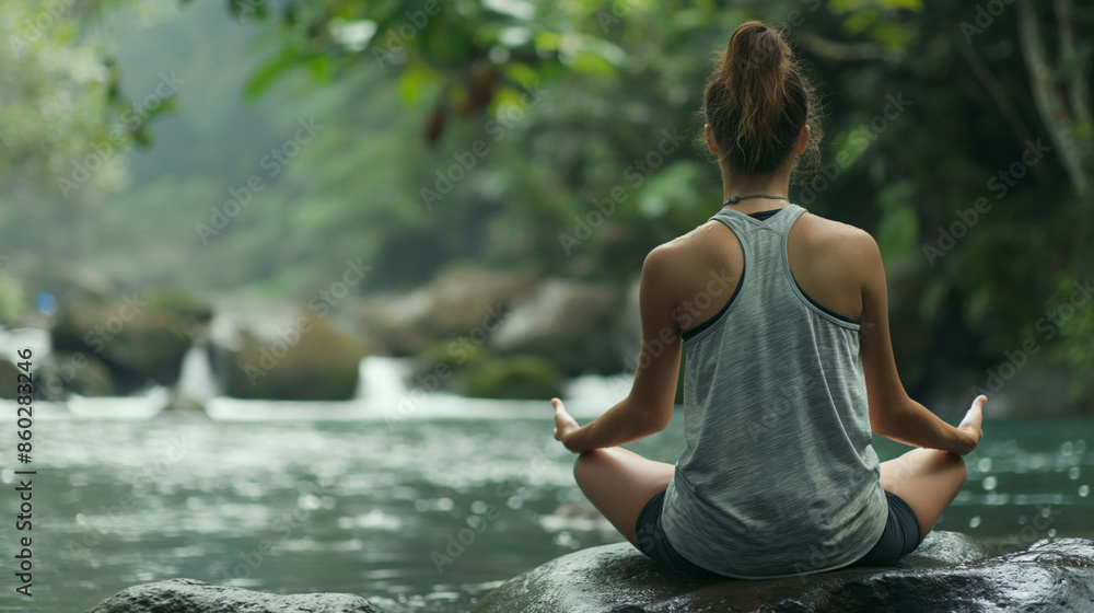 Fototapeta premium woman doing meditation at the river 