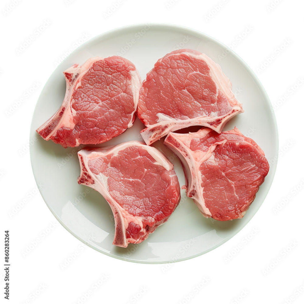Fresh raw pork chops on a white plate, ready for cooking. Perfect image for culinary, food preparation, or recipe-related content. transparent background Fresh raw pork chops on a white plate, ready for cooking. Perfect image for culinary, food preparation, or recipe-related content. transparent background