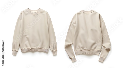 Sand color crew neck blank template front and back view isolated on white background. sweatshirt mock up