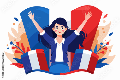 A woman is joyfully waving a French flag in the air. An illustration of a woman holding a French flag with arms raised, showcasing gestures and sharing joy. The image combines art, graphics, and a sen