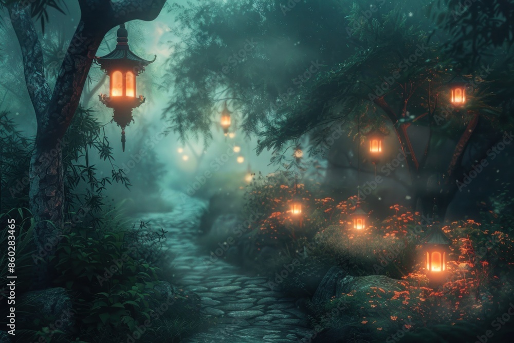 Obraz premium lanterns glowing in the moonlight, casting eerie shadows on a misty pathway.