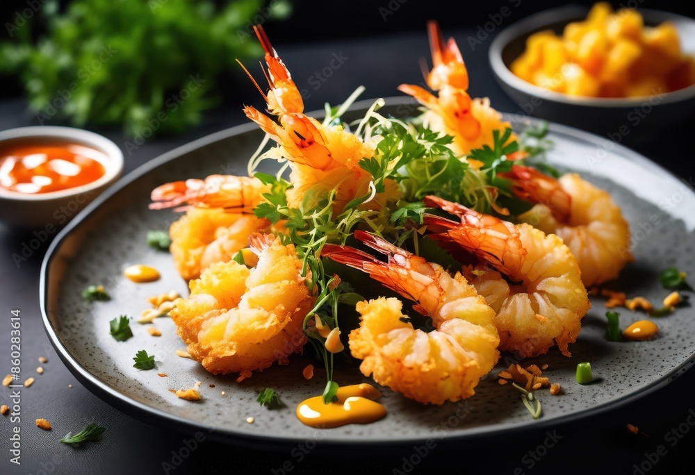 crispy golden tempura shrimp delicacy plate, fried, crunchy, battered, prawns, dish, seafood, gourmet, platter, breaded, deep, crustacean, delicatessen, shellfish