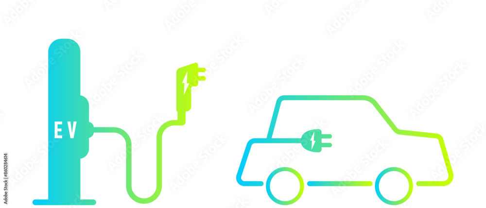 Electric car with green plug symbol. Green hybrid vehicles charging point logo Electric car with green plug symbol. Green hybrid vehicles charging point logo