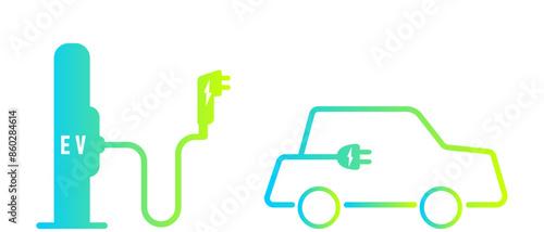 Electric car with green plug symbol. Green hybrid vehicles charging point logo