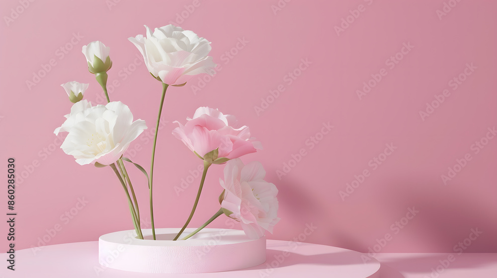 Composition with plaster podium and beautiful eustoma flowers on pink background : Generative AI Composition with plaster podium and beautiful eustoma flowers on pink background : Generative AI