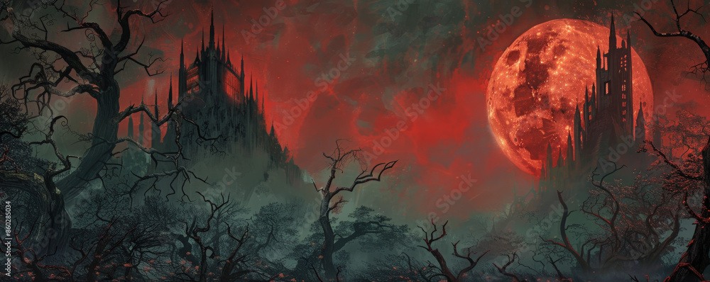 Dark Gothic fantasy background featuring a crumbling castle under a blood-red moon, with twisted, barren trees and mist creeping over the ground. Eerie shadows dance around, creating a sense of Dark Gothic fantasy background featuring a crumbling castle under a blood-red moon, with twisted, barren trees and mist creeping over the ground. Eerie shadows dance around, creating a sense of