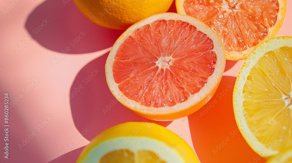 Fresh Citrus Fruit Halves on Pink Background Fresh Citrus Fruit Halves on Pink Background
