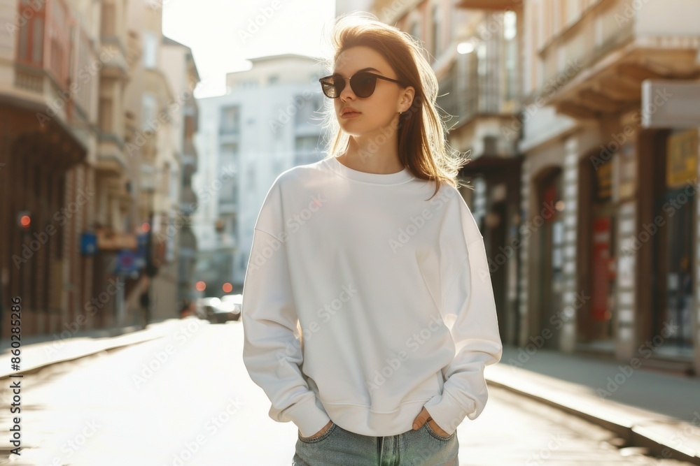 A woman stands on a city street with her hands in her pockets, possibly lost in thought A woman stands on a city street with her hands in her pockets, possibly lost in thought