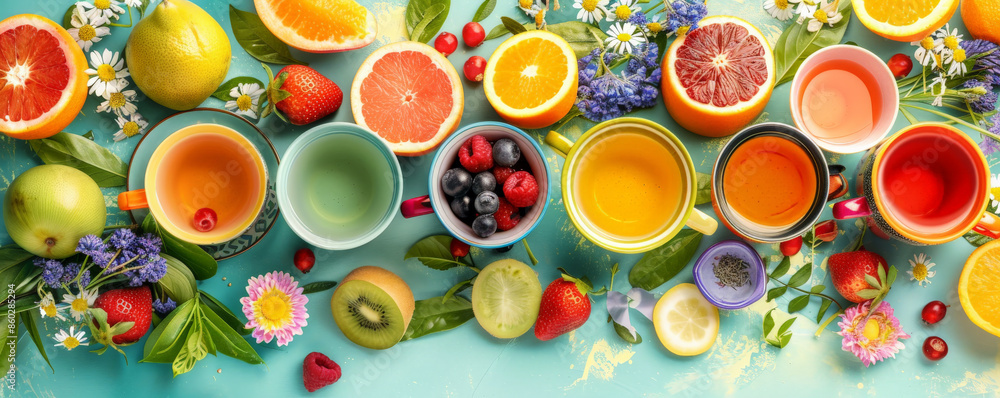A vibrant tea background with a selection of fruit teas in colorful cups, surrounded by fresh fruits and a bright floral arrangement A vibrant tea background with a selection of fruit teas in colorful cups, surrounded by fresh fruits and a bright floral arrangement