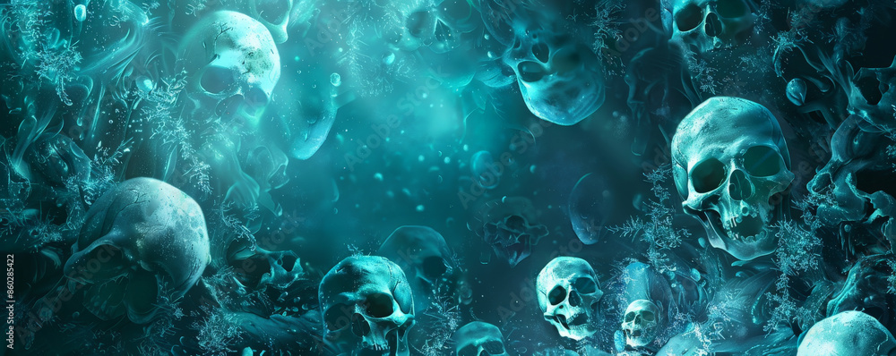 A fantasy human skull frame background with a frame made of ethereal, glowing skulls floating in a mystical pattern. The backdrop includes a magical cave with bioluminescent plants and sparkling A fantasy human skull frame background with a frame made of ethereal, glowing skulls floating in a mystical pattern. The backdrop includes a magical cave with bioluminescent plants and sparkling