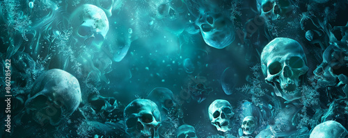 A fantasy human skull frame background with a frame made of ethereal, glowing skulls floating in a mystical pattern. The backdrop includes a magical cave with bioluminescent plants and sparkling