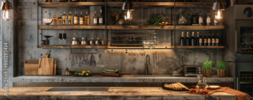 Rustic modern kitchen podium background with a blend of wood and metal elements, concrete countertops, and warm lighting. Open shelving with rustic decor items adds character.