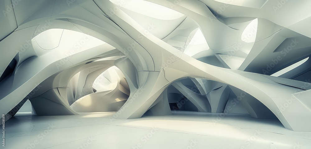 A beautiful 3D rendered image of an abstract geometric interior, showcasing smooth, angular surfaces and complex, interlocking shapes in a minimalist design.