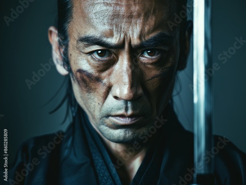 Medium shot of samurai man holding katana, themed background, bright tonality photo