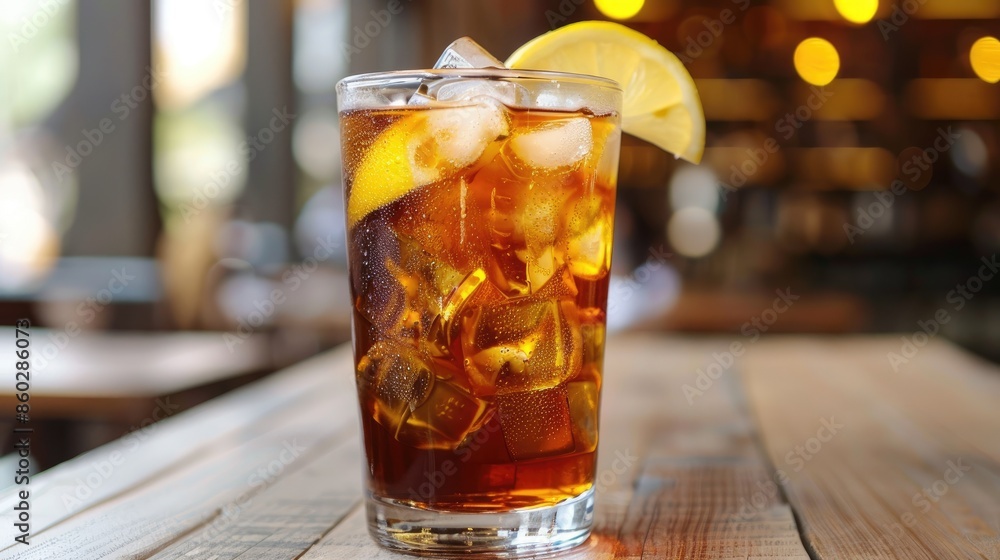 Glass of Iced Tea with Lemon Slice on the Side. Refreshing Cold Drink for Summer Vacation or Pool Party. Bright Sunlight and Blurred Background for Text, Perfect for Banner or Poster Glass of Iced Tea with Lemon Slice on the Side. Refreshing Cold Drink for Summer Vacation or Pool Party. Bright Sunlight and Blurred Background for Text, Perfect for Banner or Poster