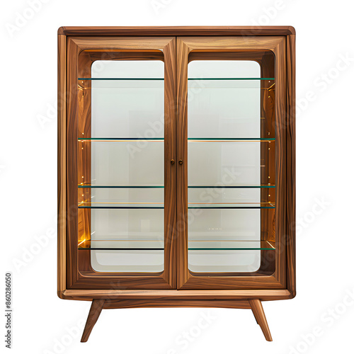 Elegant mid-century modern glass display cabinet with wooden frame and multiple glass shelves isolated on transparency background  PNG cut out  perfect for showcasing collectibles.