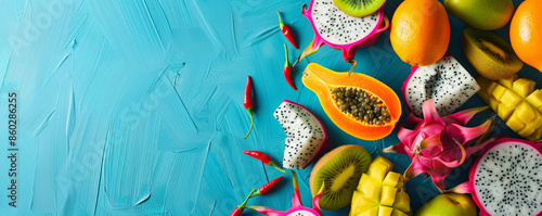 A vibrant tropical fruit background featuring exotic fruits like dragon fruit, starfruit, and kiwi, set against a turquoise blue backdrop, giving a cool and refreshing look photo