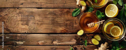 A wellness tea background showcasing a cup of herbal tea, fresh ginger slices, honey, and lemon, all placed on a natural wooden surface