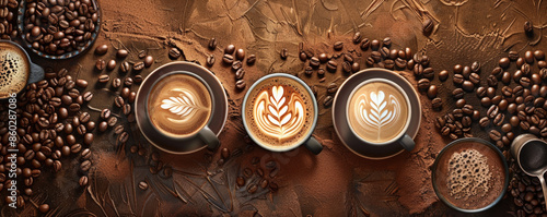 An artistic coffee background with latte art designs in various stages of creation, surrounded by coffee beans and a portafilter filled with freshly ground coffee