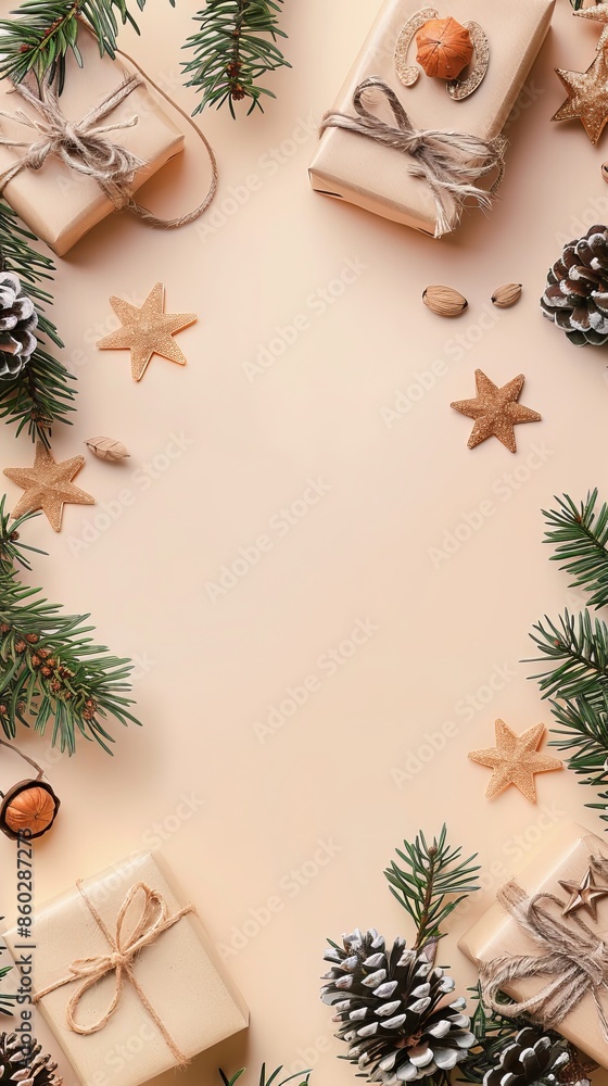 Christmas frame. Gift boxes, stars, pine branches and cones on pastel beige background. Xmas greeting card mockup, New year postcard template. Flat lay, top view, copy space Christmas frame. Gift boxes, stars, pine branches and cones on pastel beige background. Xmas greeting card mockup, New year postcard template. Flat lay, top view, copy space